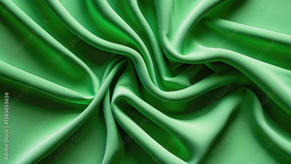 Poster green silk fabric texture with smooth folds and wrinkles creating a layered appearance.