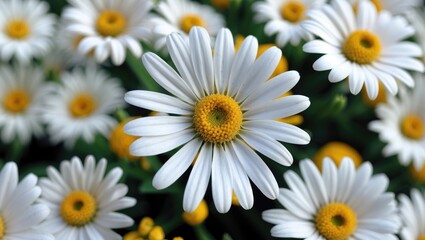 Fototapeta premium Close-up of white daisies with yellow centers in a lush garden setting during daylight.