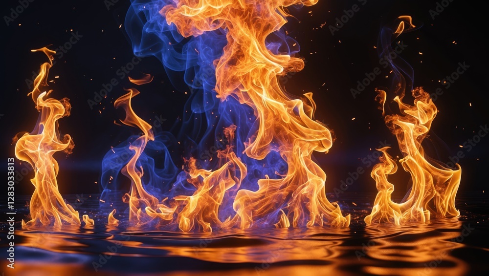 Poster colorful flames and smoke rising from a reflective surface with dynamic movement in a dark backgroun
