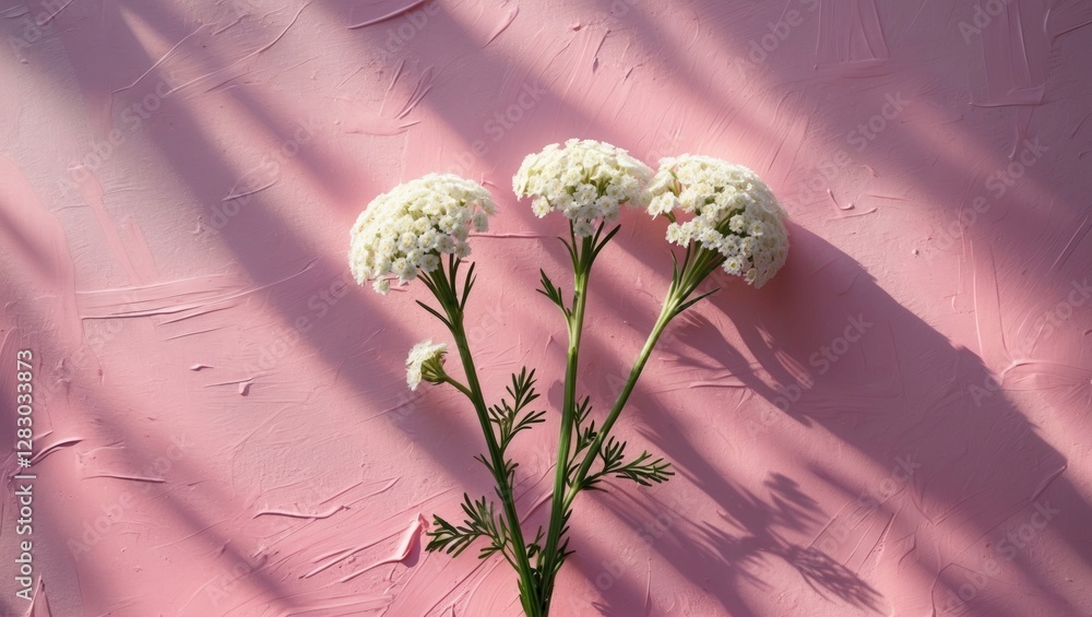 Aufkleber white flowers on a textured pink background with shadows cast by natural lighting creating a soft vi
