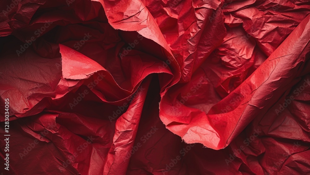 Poster red crumpled paper textured background with shadows and highlights creating depth and visual interes
