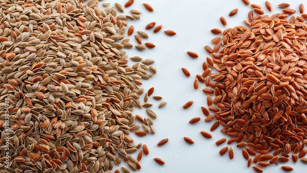 Poster brown and golden flax seeds piled on a white background with scattered seeds in between the two grou