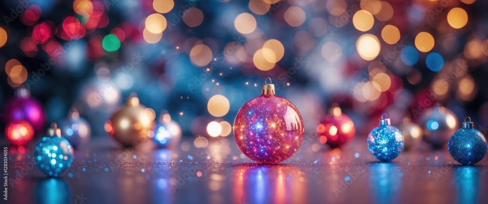 Poster christmas ornaments on a reflective surface with soft bokeh lights in the background in a festive se