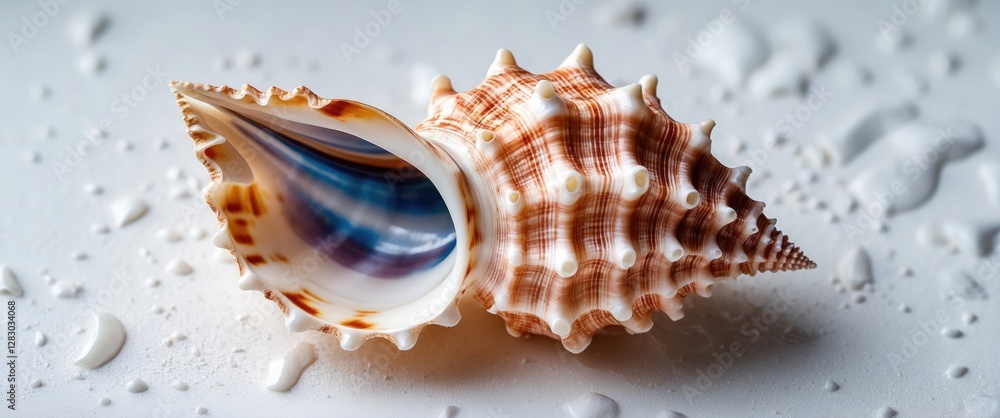 Poster close-up of a vibrant seashell with intricate patterns and a glossy interior resting on a surface wi