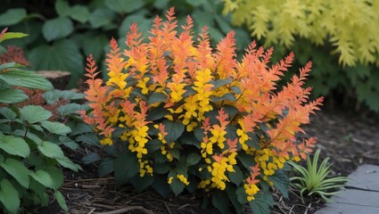 Colorful flowering plant with orange and yellow foliage in a garden setting surrounded by green vegetation.