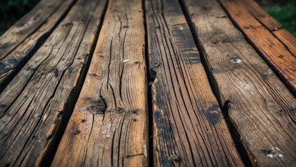 Obraz premium Wooden planks with textures and grain patterns on a rustic tabletop in natural lighting
