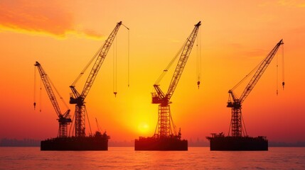 Fototapeta premium Cranes working the ocean for energy industrial concept. Massive Offshore Cranes Silhouetted Against Vibrant Sunset Skyline