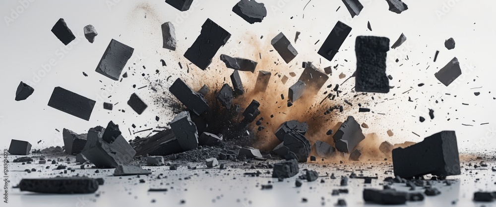 Poster dynamic explosion of black chalk pieces with dust clouds on a white background illustrating movement