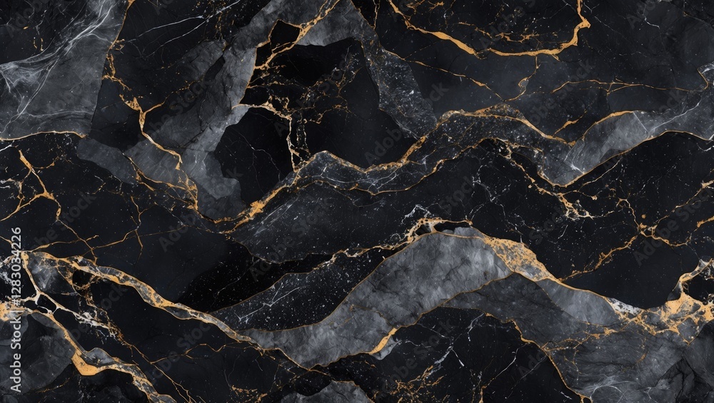 Aufkleber Elegant black marble texture with golden veining creating a sophisticated abstract background ideal for luxury design projects.