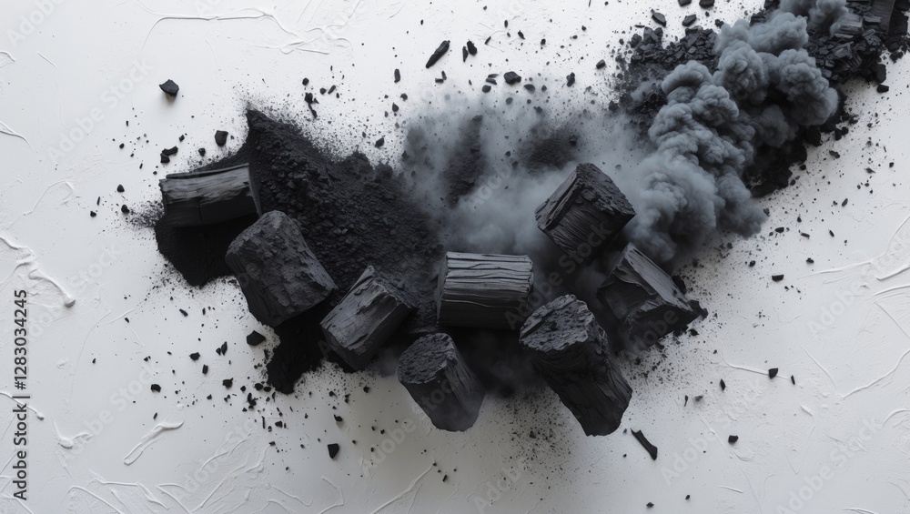 Poster Charcoal dust explosion effect on white background showcasing texture and dynamic movement in top view, ideal for creative design projects
