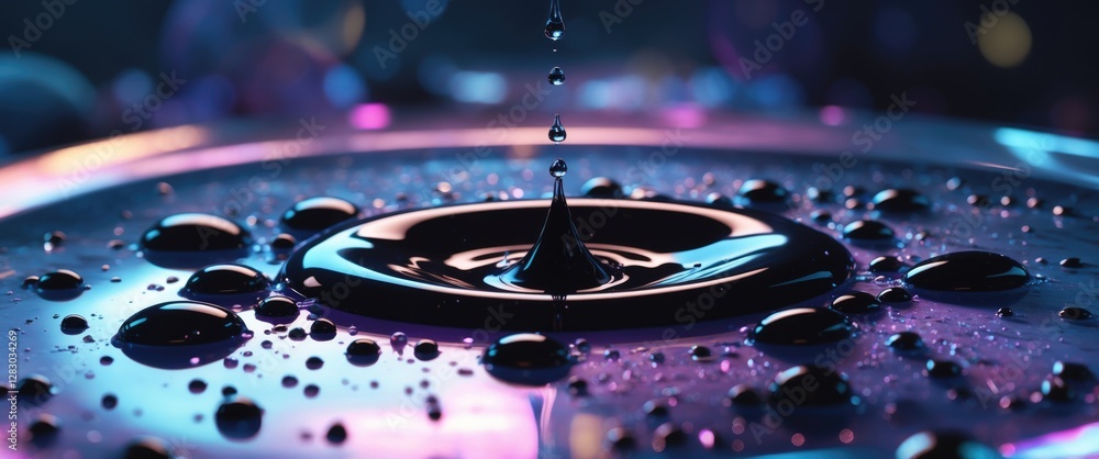 Poster Black oil droplets on reflective surface creating a mesmerizing abstract pattern with vibrant colors and intricate details.