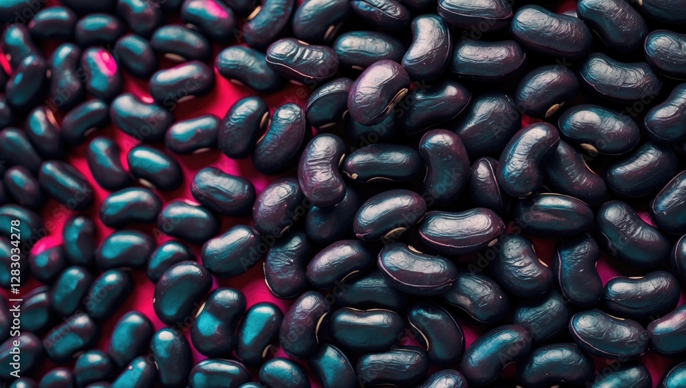 Poster Black beans arranged on a vibrant background highlighting their glossy texture and unique shape ideal for food and health related themes.