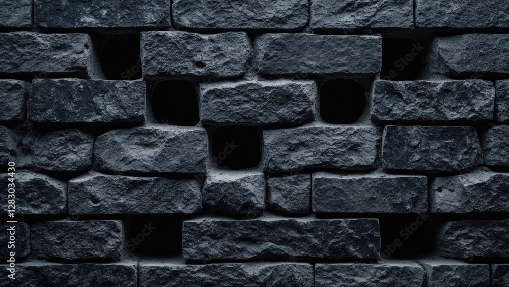 Poster textured black stone wall with visible holes and crevices creating an industrial and rustic aestheti