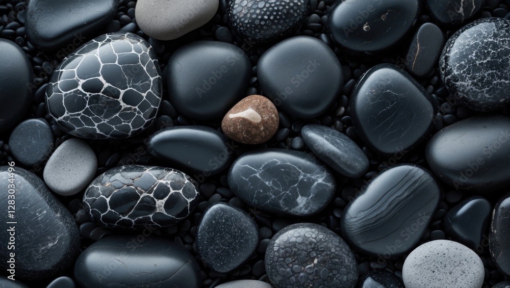 Fototapete Smooth black pebbles with unique patterns scattered on a beach, creating a serene and calming natural background texture.