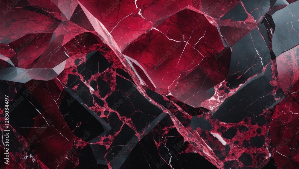 Poster abstract close-up of red and black marbled stone texture with crystalline formations and intricate p