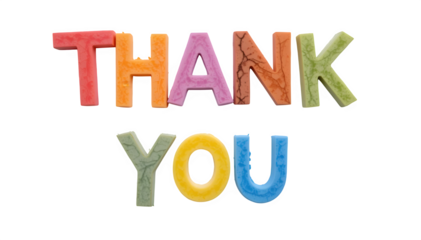 Fun, colorful paper letters that create the words "Thank You," placed on a white surface and in a transparent PNG style.