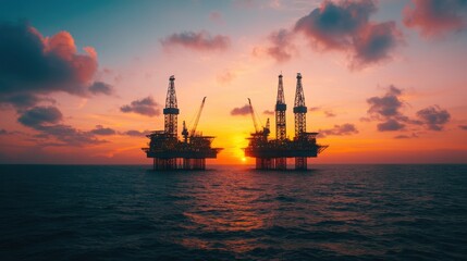 Obraz premium Cranes working the ocean for energy industrial concept. Offshore Oil Drilling Rigs Silhouetted Against Dramatic Sunset Sky