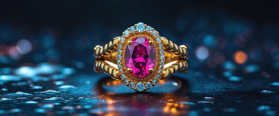 Gold ring with oval pink gemstone surrounded by diamonds on a blurred dark background with reflections of light