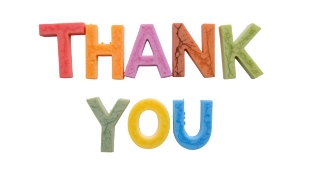 Fun, colorful paper letters that create the words "Thank You," placed on a white surface and in a transparent PNG style.