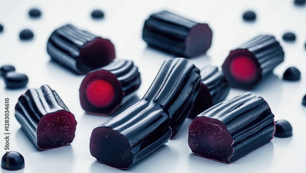 Poster black licorice candies in various shapes and sizes arranged on a bright white background showcasing 