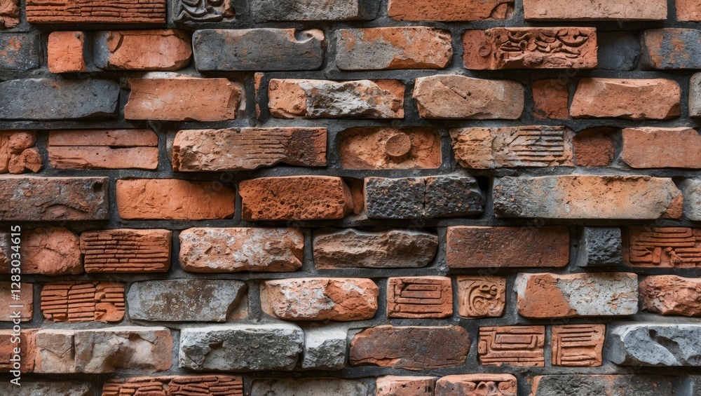 Poster textured brick wall with decorative relief patterns in various shades of red and gray used for archi