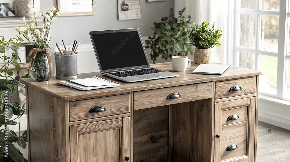 Poster neatly arranged home office desk with a laptop computer a cup of coffee and a notebook creating a se