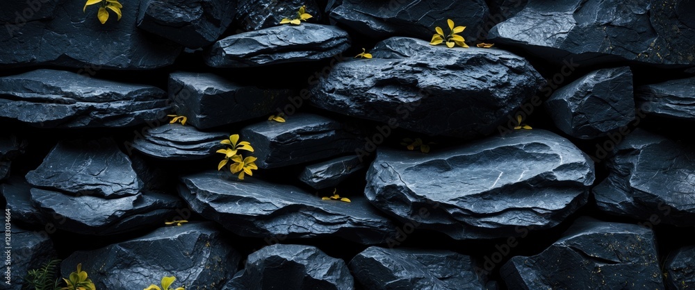 Poster black grunge stone texture with yellow leaves creating a contrasting natural ambiance perfect for ab
