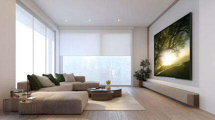 Modern Living Room Interior With Beige Sectional Sofa And Large Television Displaying Nature Scene