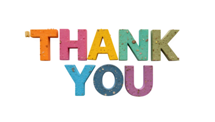 Fun, colorful paper letters that create the words "Thank You," placed on a white surface and in a transparent PNG style.