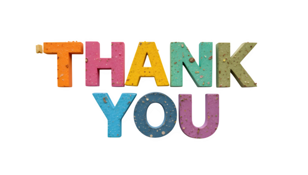 Fun, colorful paper letters that create the words "Thank You," placed on a white surface and in a transparent PNG style.