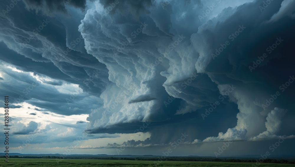 Poster dramatic storm clouds gathering over a vast landscape creating a powerful atmospheric phenomenon wit