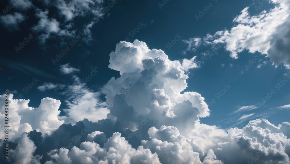 Poster dramatic cloudscape featuring vivid white clouds against a rich blue sky creating a stunning natural