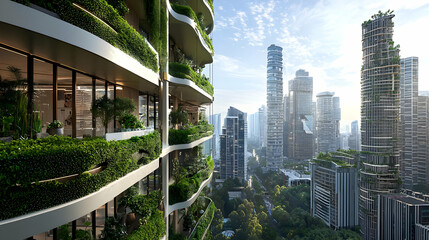 Modern Residential Buildings With Lush Greenery Balconies Overlooking a Vibrant City Skyline in Daylight