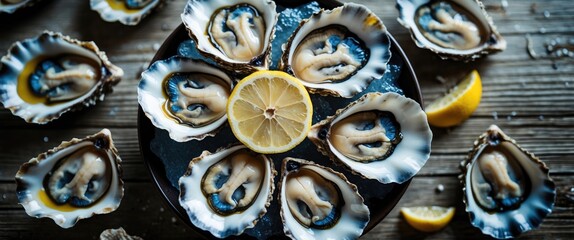 Plate of fresh oysters with a lemon slice on top and scattered lemon wedges on a rustic wooden surface