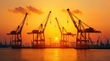Obraz premium Cranes working the ocean for energy industrial concept. Silhouetted Construction Cranes Against Vibrant Sunset Skyline