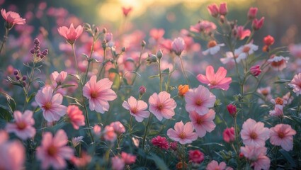 Pink wildflowers blooming in a vibrant field during sunset with soft focus and natural light highlighting floral details