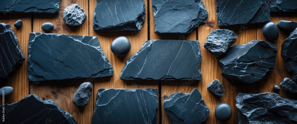 Aufkleber Textured black slate stones arranged on a wooden background creating an artistic and natural flat lay composition.