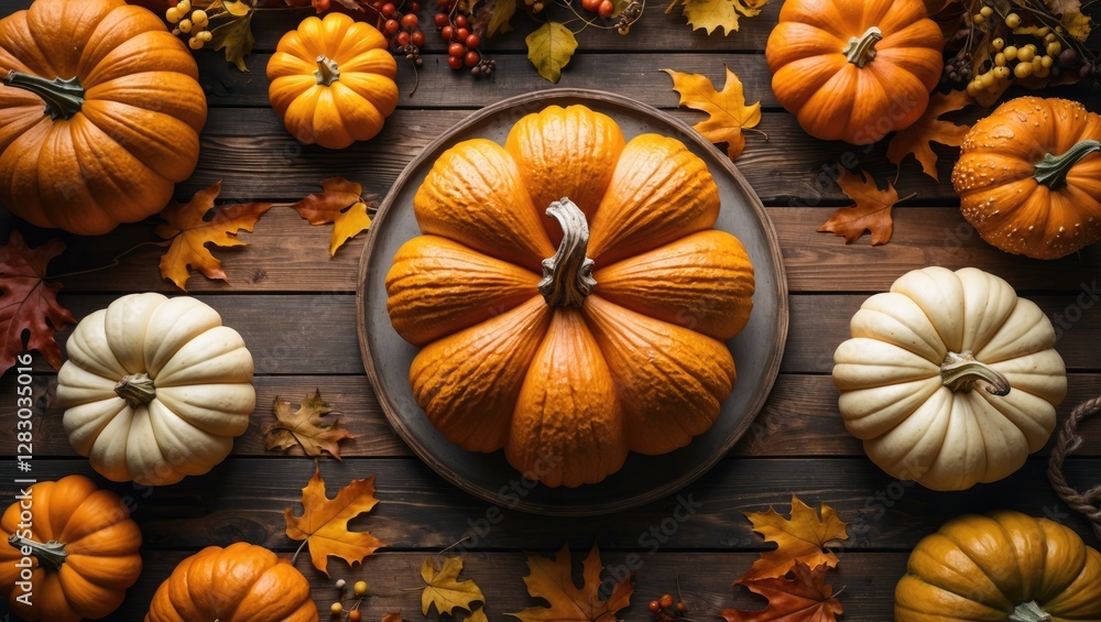 Aufkleber assorted pumpkins in various sizes and colors arranged with autumn leaves on a wooden table surface 