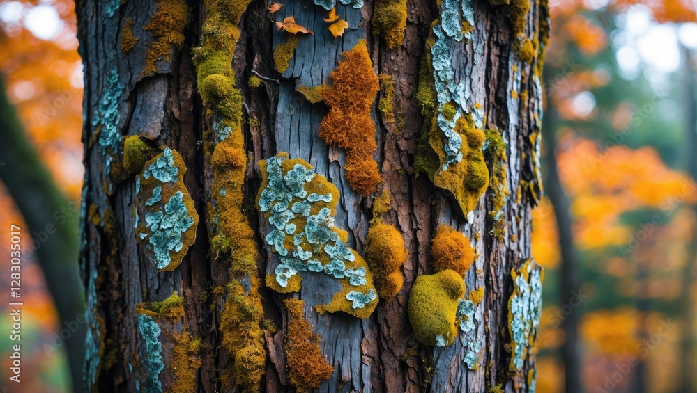 Poster close-up of a textured tree trunk covered in colorful moss and lichen with autumn foliage in the bac