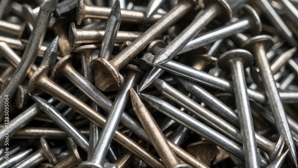 Poster metal nails in various sizes and finishes piled together on a surface showcasing their texture and s