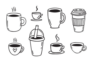 Coffee cups doodle set. coffee cup hand drawn line signs. Outline coffee cups