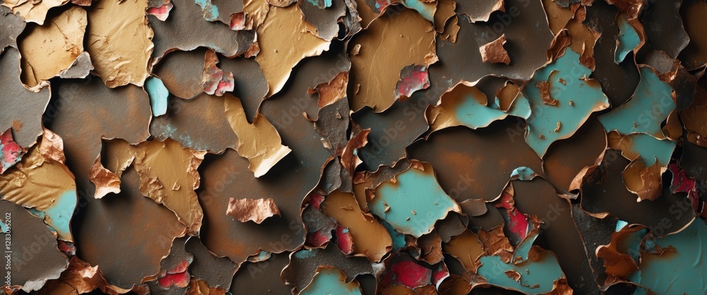 Poster Textured surface of peeling paint in multiple colors including gold, blue, and red, creating a distressed and layered abstract pattern