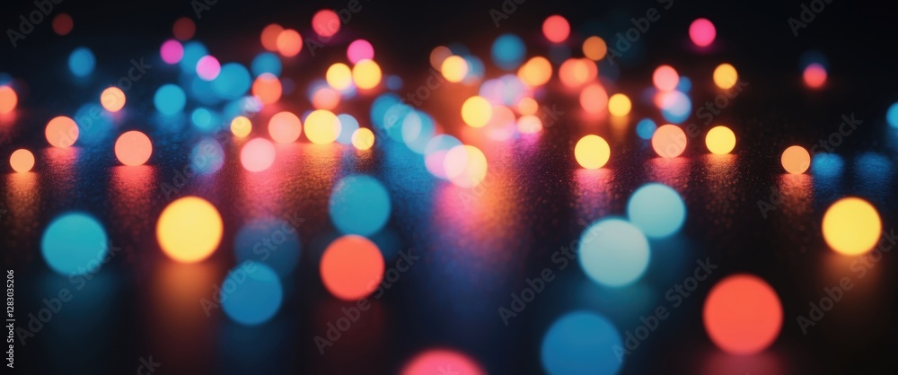 Poster colorful bokeh lights on dark background creating a festive or abstract atmosphere with blurred circ