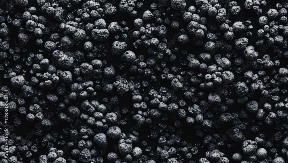 Poster textured black background with porous, seamless pattern of irregularly shaped dark stones for artist