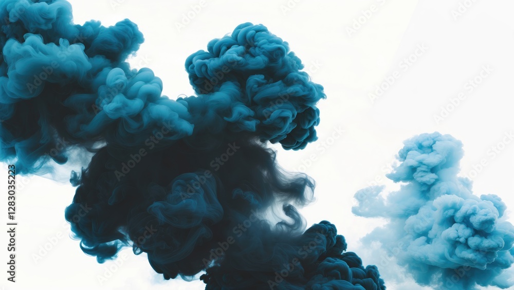 Leinwandbilder Vibrant teal smoke clouds swirling against a clean white background creating an abstract atmospheric effect for creative design use.