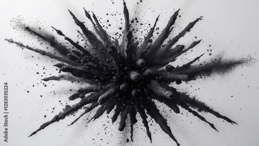 Poster Black powder explosion creating dynamic abstract patterns on a white background showcasing energy and movement in an artistic form.