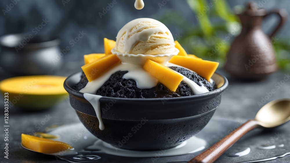 Poster Black Glutinous Rice Dessert Topped With Ice Cream Mango Slices And Coconut Milk With Empty Space For Custom Text