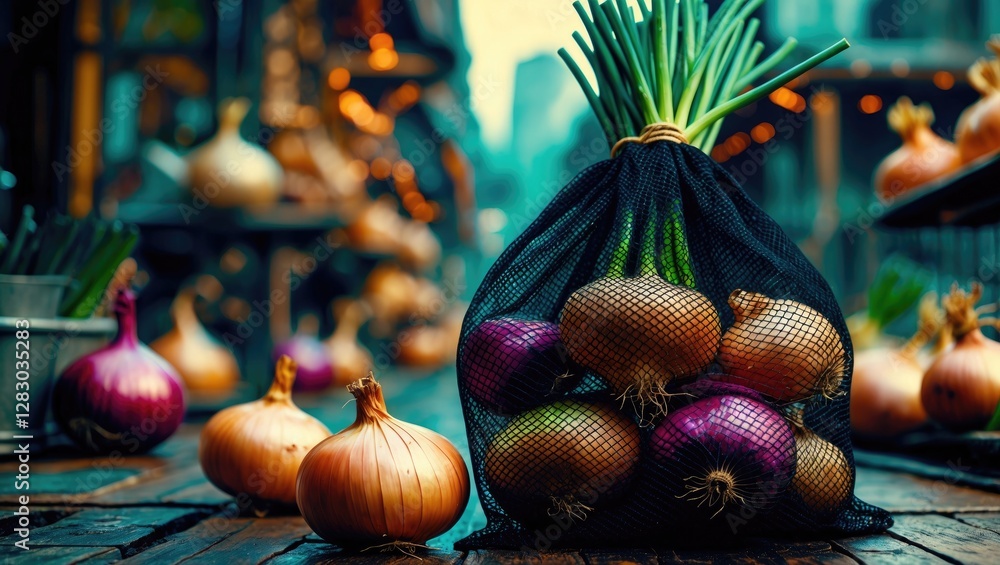 Poster colorful onions in a black mesh bag placed on a rustic wooden surface with a blurred market backgrou