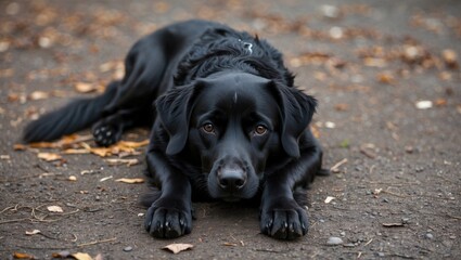 Black Labrador Retriever lying on the ground amidst autumn leaves with a curious expression and a serene outdoor setting.