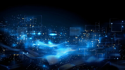 Obraz premium Abstract Digital Cityscape in Blue with Glowing Particle Lights and Futuristic Data Visualization